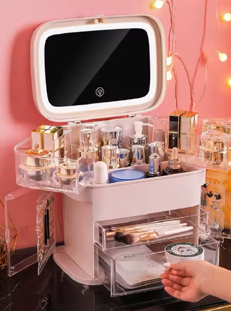 LED Makeup Box with Mirror Large Waterproof Cosmetic Organizer