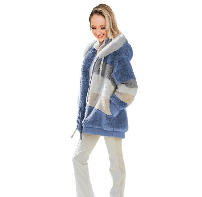 Winter plush multicolor hooded women"s jacket