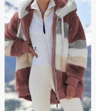 Winter plush multicolor hooded women"s jacket