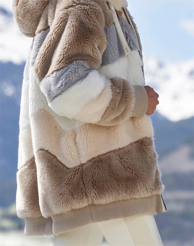 Winter plush multicolor hooded women"s jacket