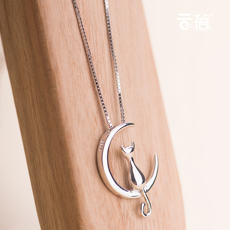 Fashion Cute Cat Moon Pendant Necklace Charm Silver Gold Kitten Pet Lucky Jewelry For Women Gift