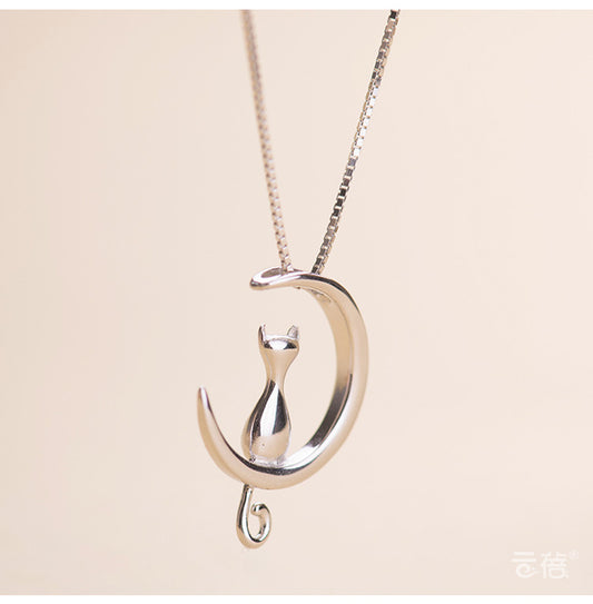 Fashion Cute Cat Moon Pendant Necklace Charm Silver Gold Kitten Pet Lucky Jewelry For Women Gift
