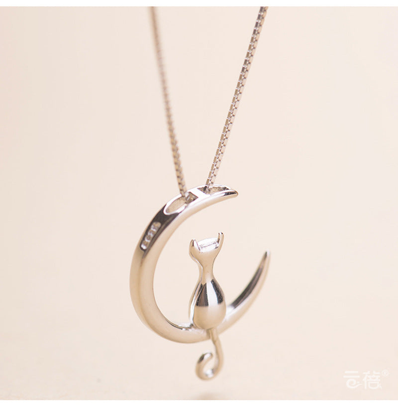 Fashion Cute Cat Moon Pendant Necklace Charm Silver Gold Kitten Pet Lucky Jewelry For Women Gift