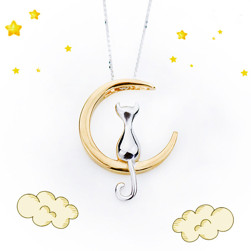 Fashion Cute Cat Moon Pendant Necklace Charm Silver Gold Kitten Pet Lucky Jewelry For Women Gift