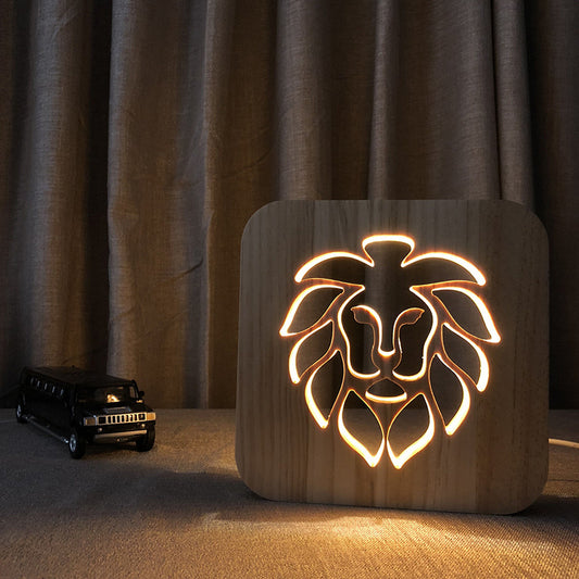 New 3D Lion head solid wood Creative hollow carving gift light table lamp