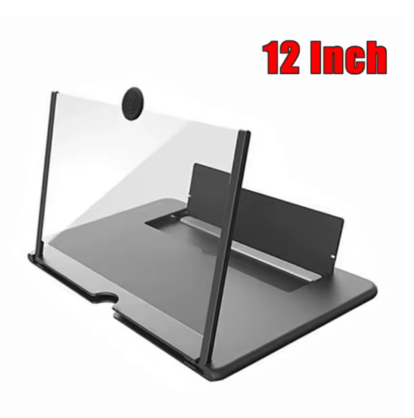 Black stand with transparent acrylic panel labeled '12 Inch' on a white background
