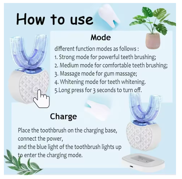 New Automatic Toothbrush U-Shape Full Mouth 360° Clean Teeth Whitening IPX7 Waterproof