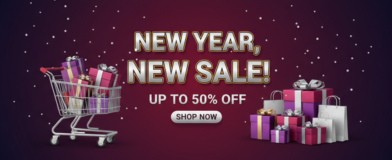 Promotional banner for a New Year sale with shopping cart and gifts on a dark purple background.