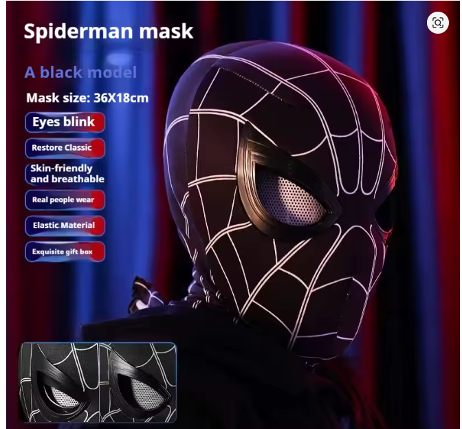 Spider-Man hood with movable eyes, manual electric blinking mask