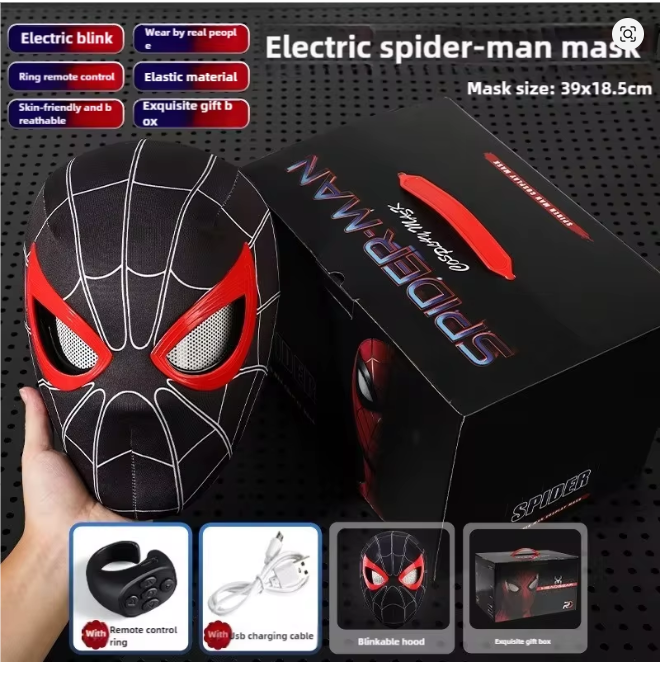 Spider-Man hood with movable eyes, manual electric blinking mask