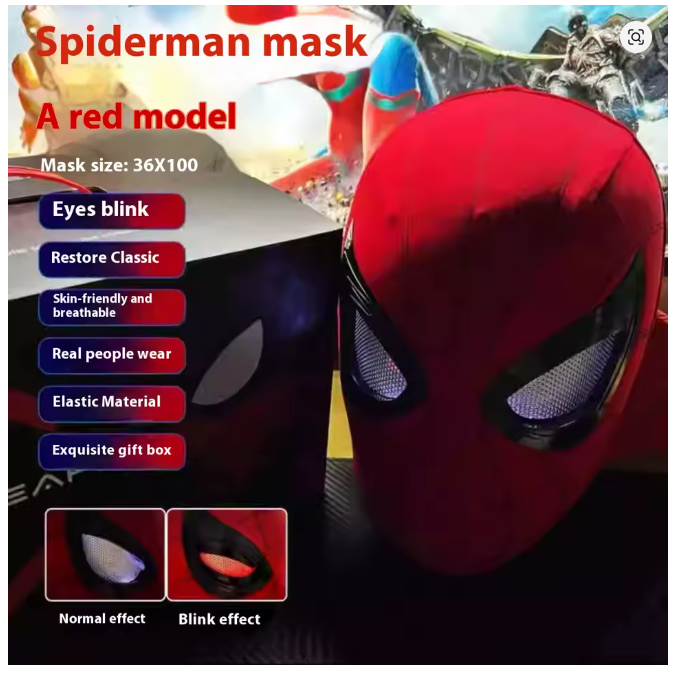 Spider-Man hood with movable eyes, manual electric blinking mask