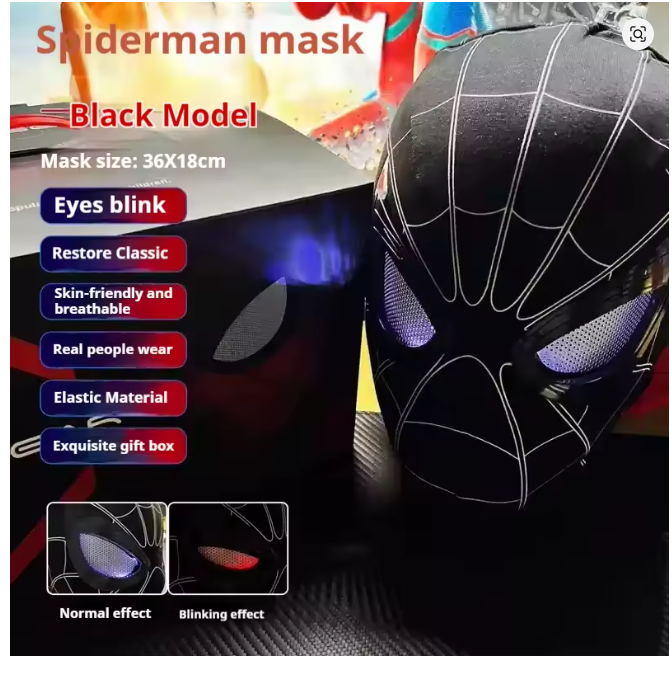 Spider-Man hood with movable eyes, manual electric blinking mask