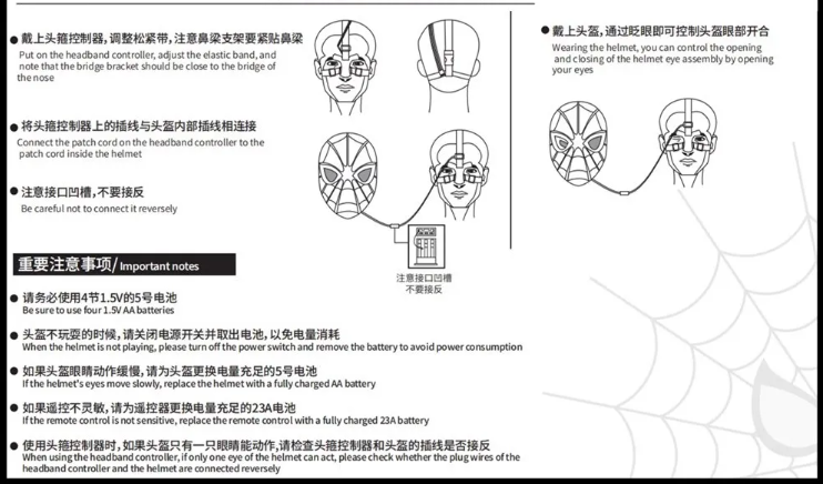 Spider-Man hood with movable eyes, manual electric blinking mask